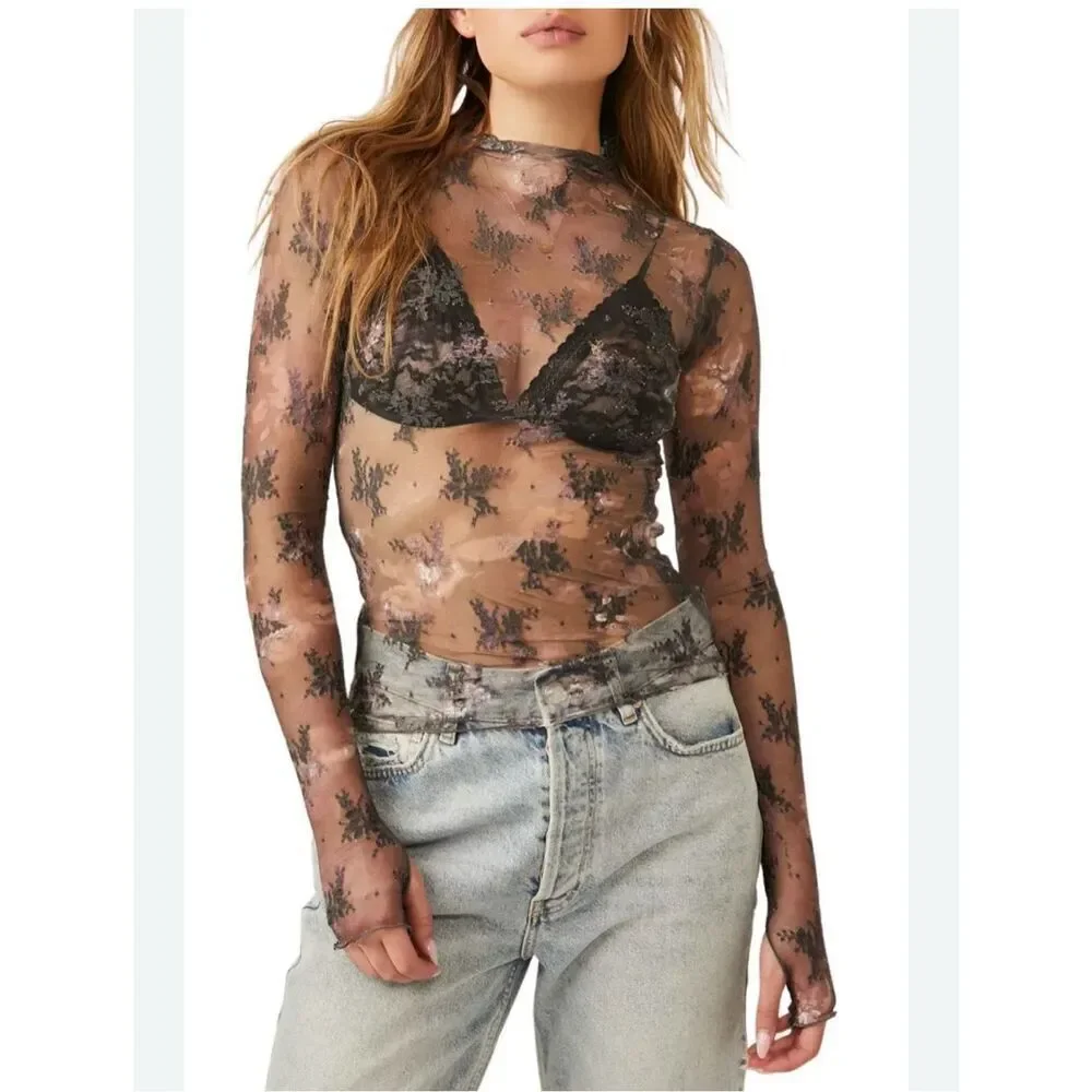 Free People Printed Lady Sheer Embroidered Top XS Gray Floral Grunge Whimsigoth